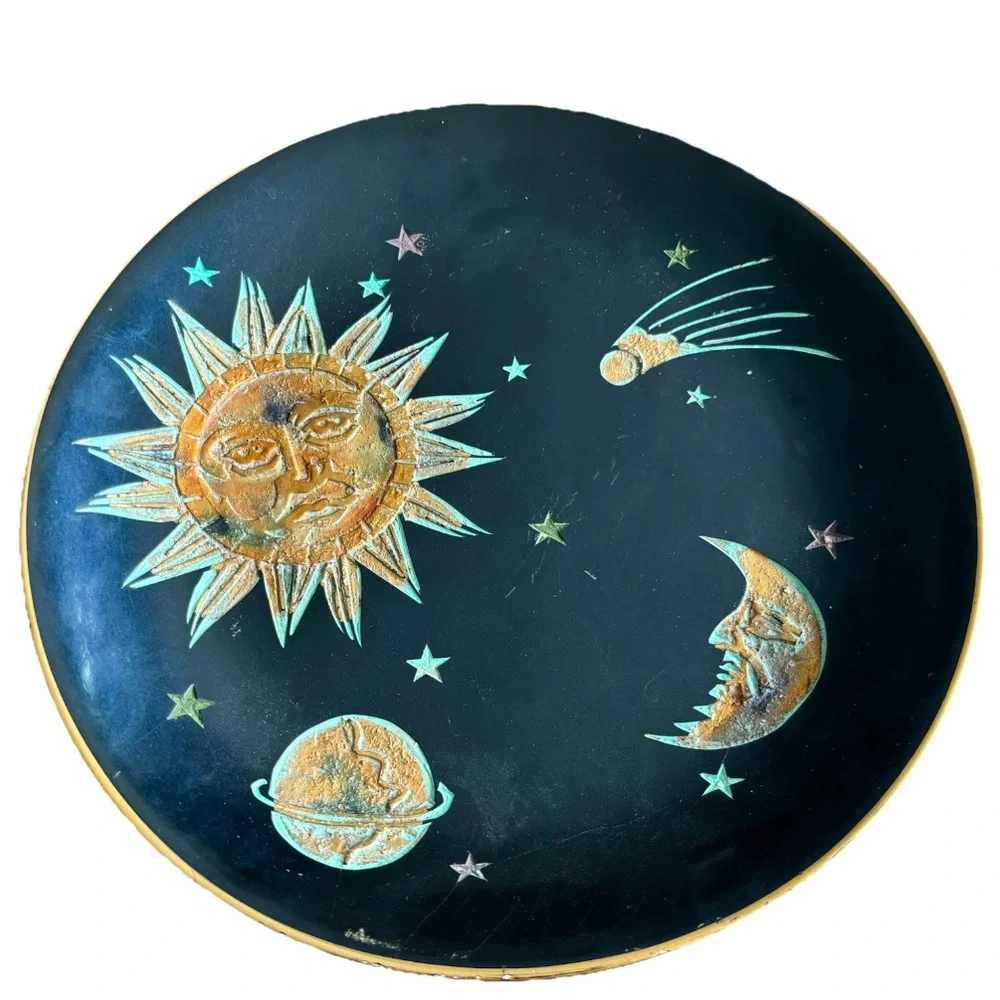 Vintage Brass Enamel Sun Moon & Stars Trinket Dish Celestial Whimsical Artsy - Picture 7 of 7